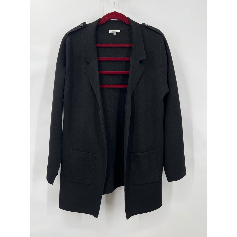 Sioni Black Knit Open Front Cardigan Jacket XL Epaulettes Pockets‎ Lagenlook